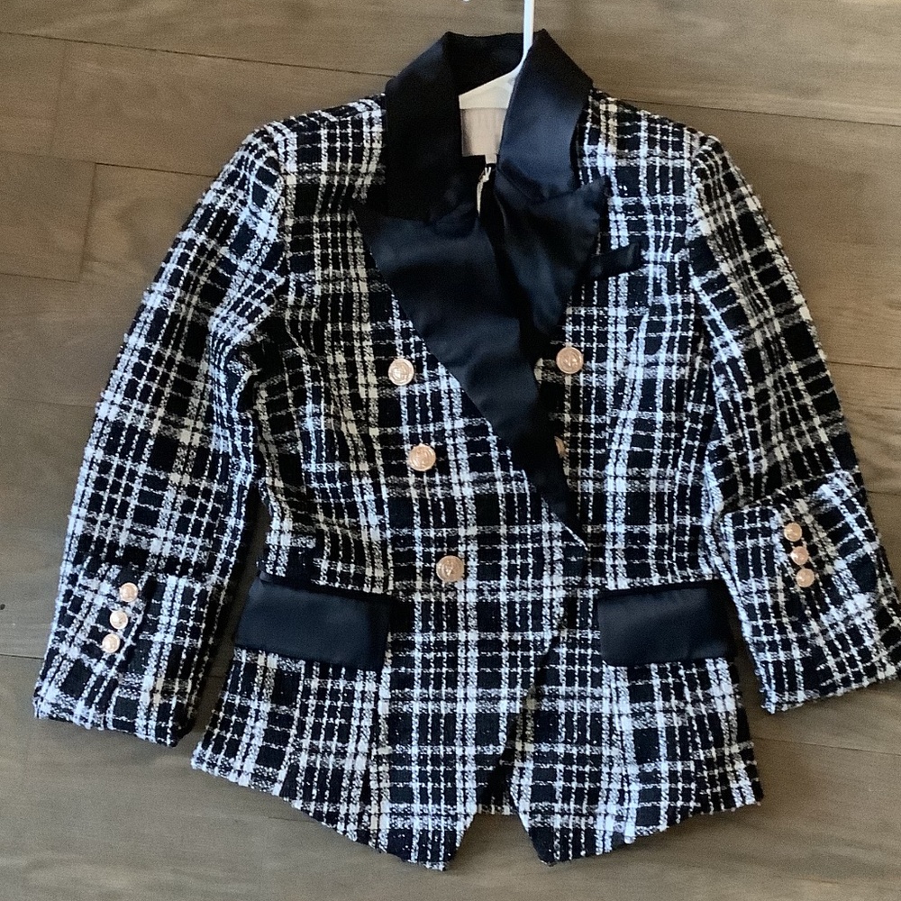 RACHEL PARCEL  DOUBLE BREASTED SATIN LAPEL BLAZER
